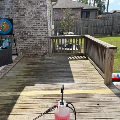 Soft-washing a backyard deck with a low-pressure foam sprayer